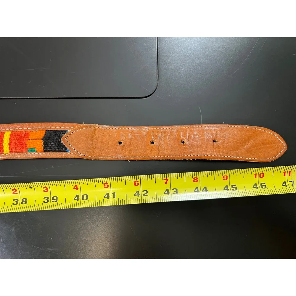 Vintage‎ Handcrafted Tan Leather Woven Textile Boho Belt Multicolor 42 Inch
